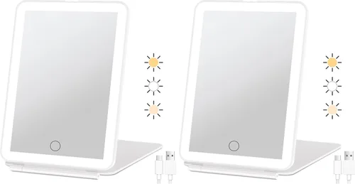 FUNTOUCH Espejo de maquillaje de viaje recargable con 72 luces LED, espejo de belleza iluminado portátil, iluminación de 3 colores, pantalla táctil