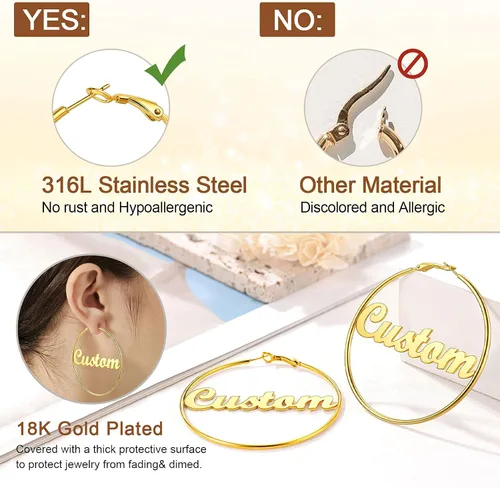 Miniatura 5 de FOCALOOK 18K Gold Plated Lightweight Thin Hoops Custom Name Hoop Huggie Earrings for Women 30405070100mm