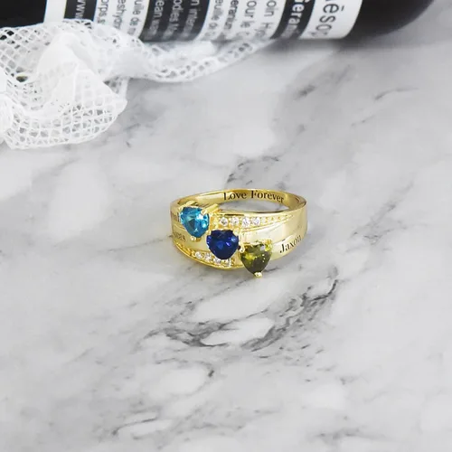 Miniatura 4 de Anillos de piedra natal personalizados para madre, oro real de 10 quilates, 14 quilates, 18 quilates, con nombre personalizado con piedra natal de 2