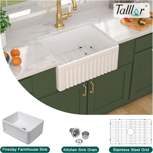Miniatura 8 de Fregadero blanco de granja – Delantal de fregadero de arcilla refractaria de 24 pulgadas, estilo campestre, fregaderos de porcelana para granja, 24