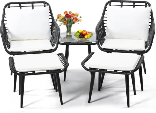 KROFEM - Juego de 5 piezas de muebles de mimbre para conversación de patio estilo bistró, incluye 2 sillas, 2 otomanos y mesa auxiliar, ideal para