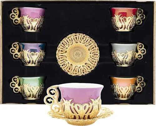 Alisveristime Juego de 12 tazas de café turco griego árabe, plato de porcelana (color dorado mezclado)