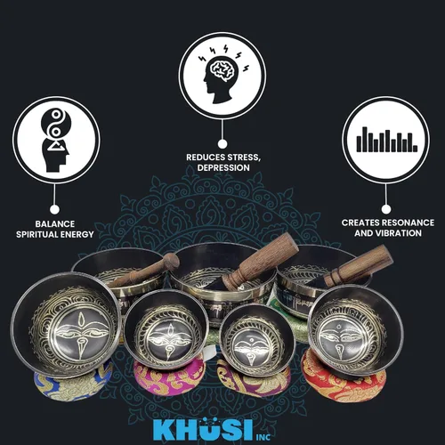 Miniatura 6 de KHUSI - Juego de 7 cuencos tibetanos, Thadobati, hechos a mano, con mantra grabado para yoga, curación de chakras, relajación, alivio del estrés