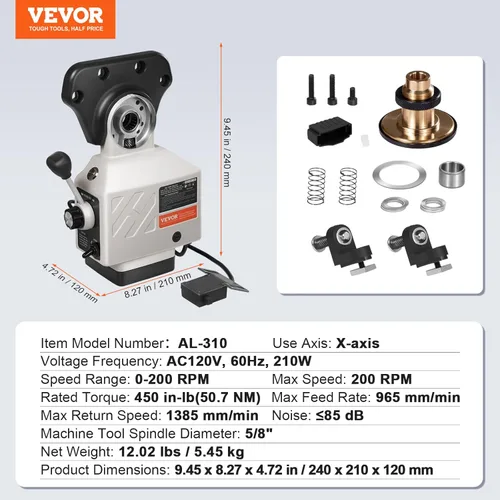 Miniatura 7 de Vevor Al-310S Fresadora de alimentación de eje X con torque de 450 pulgada-libras, Fresadora de alimentación de mesa de 0-200 RPM, 110V