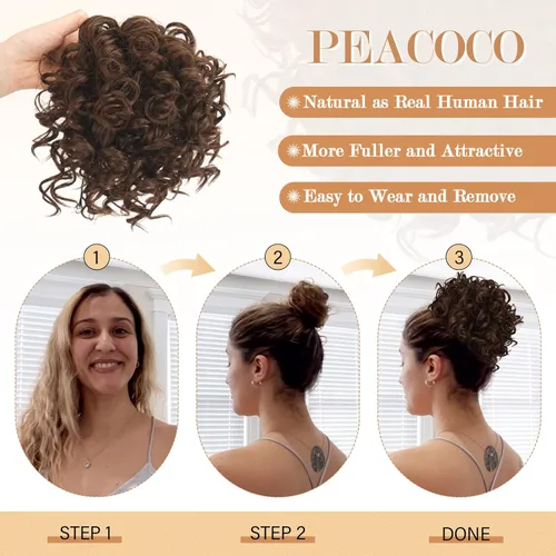 Miniatura 4 de PEACOCO Extensión de Cola de Caballo Corta y Rizada Moño Desordenado con Cordón Elástico Moño de Cabello Suelto para Mujeres con Cabello Delgado