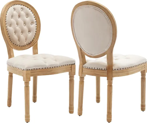Miniatura 77 de Juego de 2 sillas de comedor de campo francés, sillas de comedor de madera de granja beige, silla de comedor con respaldo tejido con cojín tapizado