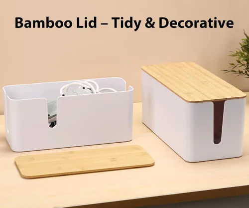 Miniatura 2 de ZhiYo Caja organizadora de cables con tapa de bambú, paquete de 2 cajas grandes para organizar cables, organizador de cables ABS seguro para TV