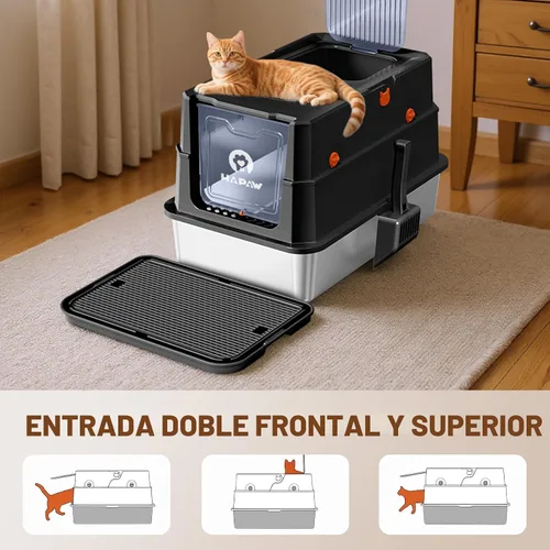 Miniatura 7 de Caja de arena de acero inoxidable con tapa, caja de arena metálica cerrada anti-fugas, bandeja de arena para gatos extra grande con tapa abatible
