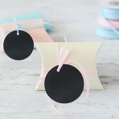 Miniatura 8 de G2PLUS 100 etiquetas de regalo con cuerda, etiquetas redondas de papel de 2.2'', etiquetas colgantes en blanco, etiquetas circulares negras