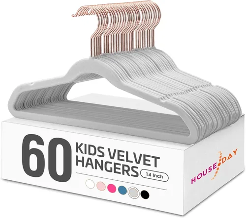 HOUSE DAY Velvet Kids - Paquete de 60 perchas infantiles de alta calidad para armario, perchas ultra finas y bonitas, perchas de fieltro Gris