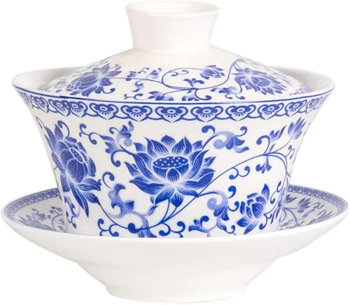 Miniatura 15 de Liang baobao Juego de Té Tradicional Gaiwan con Tapa y Platillo Taza de Té Gongfu de Porcelana Diseño Azul de Loto Tazas de 200ml