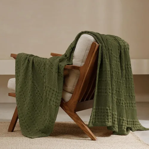 Miniatura 48 de PHF - Manta tejida de punto gofre 100% algodón, suave, ligera, transpirable, acogedora, de verano, para sofá y cama, tejida, estética, decoración