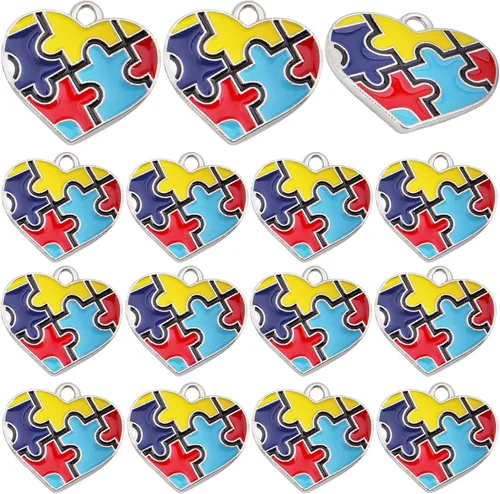 20 dijes coloridos esmaltados para autismo, corazón de aleación, conciencia autista con forma de rompecabezas, para bricolaje, suministros para