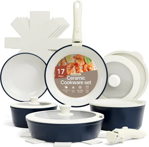 Miniatura 12 de Juego de ollas y sartenes antiadherentes de cerámica de granito – 15 piezas de utensilios de cocina con asas desmontables, apilables, ahorro