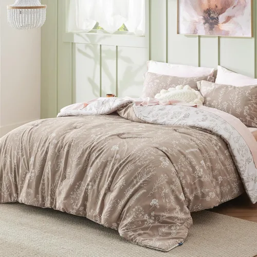 Miniatura 2 de Bedsure - Juego de edredón tamaño California King, juego de ropa de cama color taupe claro, 3 piezas de ropa de cama floral bonita, 1 edredón suave