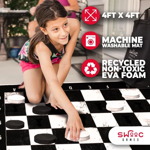 Miniatura 4 de Swooc Juegos - Juego gigante de ajedrez, damas y ajedrez 3 en 1 con alfombrilla (4 x 4 pies), lona lavable a máquina y discos de espuma grandes de 5