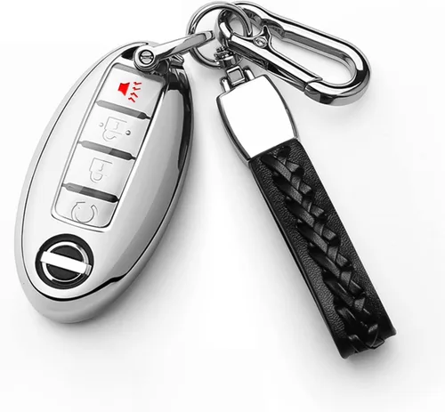 Funda compatible con llavero Nissan con llavero de cuero, funda de protección de TPU suave para llave inteligente Altima Maxima Rogue Armada Plateado