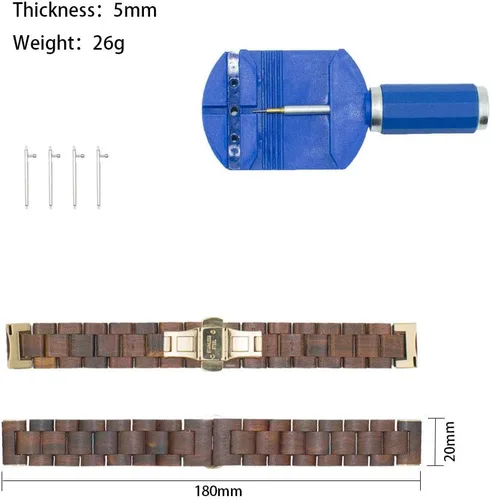 Miniatura 6 de Correa de reloj de madera de 0.787 in para Samsung Galaxy Watch Active/Active 2, 40/42/1.732 in de acero inoxidable de madera correa de liberación