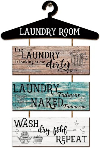 Decoración de pared para cuarto de lavado, 4 piezas de madera, divertidos letreros vintage para lavar, secar y repetir, decoración de pared rústica