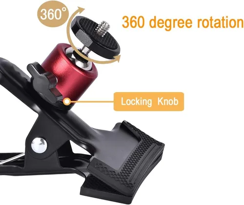 Miniatura 4 de UTEBIT Clip de montaje de cámara trípode resistente con cabezal de bola giratorio 360, abrazadera de resorte negro para estudio de sesión de fotos