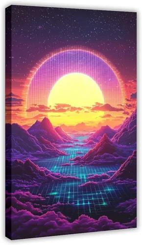 Retro Futurism Sunset Wall Art – Neon Synthwave Landscape Poster for Bedroom, Game Room, Living Room Decor Canvas Poster Wall Art Decor Print