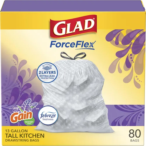 Glad ForceFlex - Bolsas de basura con cordón para cocina, 13 galones, Gain Lavender, 80 unidades (el paquete puede variar)