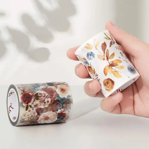 Miniatura 7 de WT Cinta de PET ancha azul polvoriento y canela, un solo rollo, diseños originales, cinta decorativa floral, cinta transparente para manualidades