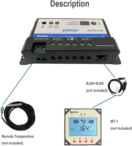 Miniatura 4 de EPEVER Medidor MT-1 remoto con pantalla LCD para controlador de carga solar EPIPDB-COM Serie 10A/20A Sistema de carga de panel solar de doble batería