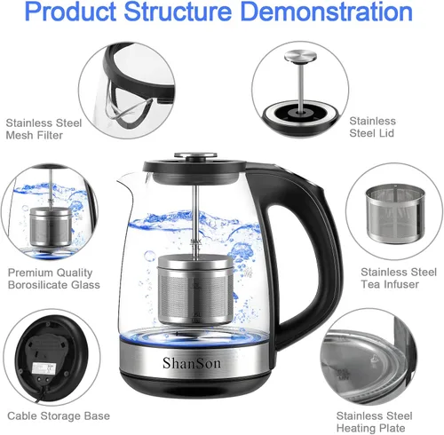 Miniatura 4 de ShanSon Hervidor eléctrico con infusor de té de 1,7 L, control de temperatura, hervidor de té eléctrico de vidrio de 1500 W, caldera de agua