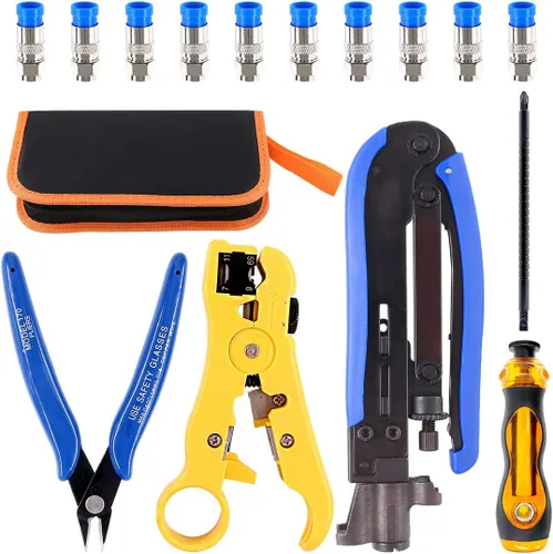 Hilitchi Herramienta de compresión coaxial 5 en 1 con manual de instrucciones (idioma español no garantizado), cable coaxial, pelacables RG6, RG59,