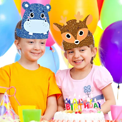 Miniatura 2 de 24 piezas de sombreros de fiesta de cumpleaños de animales, diademas de animales, corona de papel de fiesta de animales de la selva para niñas
