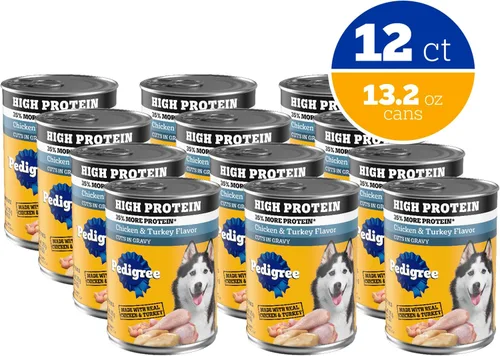 Miniatura 2 de Pedigree Alimento húmedo para perros con alto contenido de proteínas, comida enlatada suave para perros adultos, sabor pollo y pavo, latas de 13.2