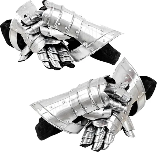 Guantes medievales alemanes del siglo XV, guantes de guantelete de armadura caballero de acero plateado, guantes medievales, guantes de cuero para