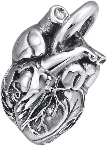 Colgante anatómico de corazón de plata de ley 925 maciza vintage con dije de órgano humano 3D con calavera para hombres y mujeres M Metal Sin gemas