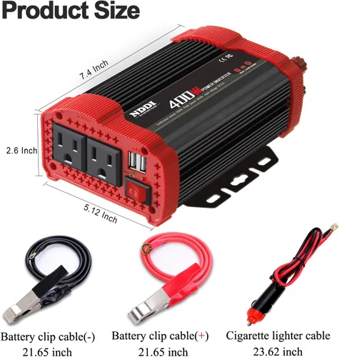 Miniatura 2 de Inversor de corriente de 400 W, DC 12 V a 110 V CA adaptador de enchufe de automóvil con 2 salidas de cargador y puertos USB duales de 3.1 A