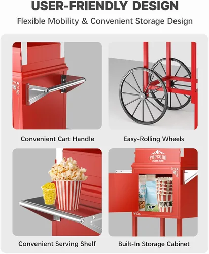 Miniatura 8 de Carro de máquina de palomitas de maíz de 10 onzas, máquina para hacer palomitas con rueda y hervidor de acero inoxidable que hace hasta 40 tazas