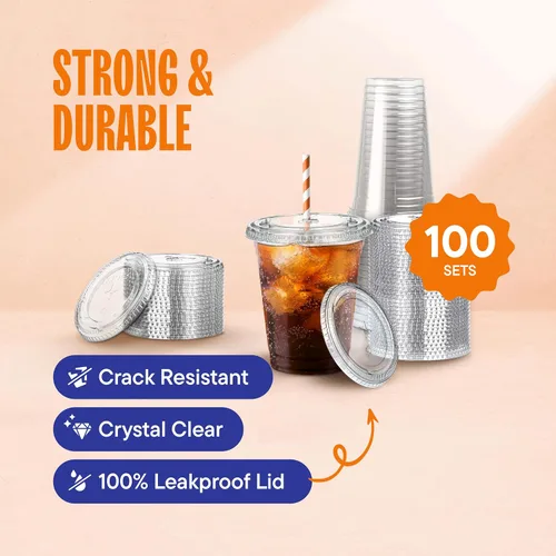 Miniatura 2 de Vasos de plástico transparente de 16 onzas con tapas con ranura para popote [100 juegos] vasos desechables transparentes de PET con tapas, taza