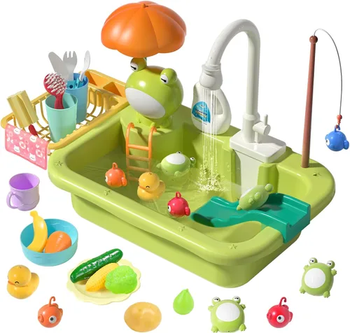 Miniatura 12 de CUTE STONE - Juguetes de fregadero de cocina con cambio de color, lavavajillas eléctrico para niños con agua corriente, grifo real actualizado y Rosa