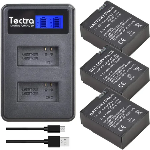 Tectra Paquete de 3 baterías de repuesto AHDBT-301 Hero3 + cargador dual LCD para cámaras GoPro Hero 3, Go Pro Hero 3+, AHDBT-301, AHDBT-302