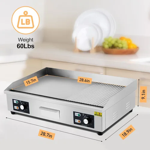 Miniatura 2 de Plancha eléctrica comercial de 29 pulgadas, parrilla Teppanyaki media acanalada de 3000 W, plancha eléctrica de encimera de acero inoxidable