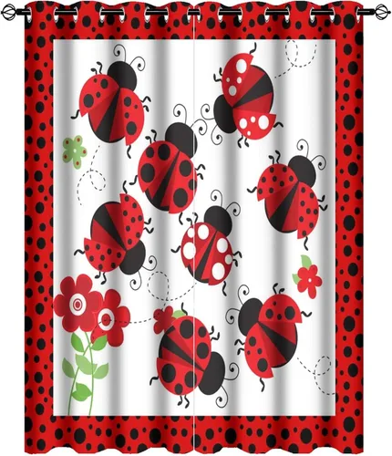 Miniatura 26 de Cortinas opacas de estilo japonés de mariquita de dibujos animados, diseño de eucalipto de mariquita roja y negra, juego de tratamiento de ventana