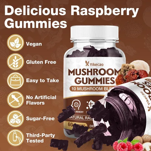 Miniatura 6 de Gomitas de hongos para adultos, suplemento de 10 mezclas de hongos con melena de león, cordyceps, reishi, chaga y cola de pavo para concentración