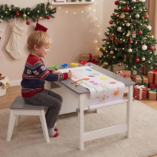 Miniatura 2 de HONEY JOY Juego de mesa y silla de arte para niños, juego de actividades de artesanía de madera con rollo de papel, estante de almacenamiento
