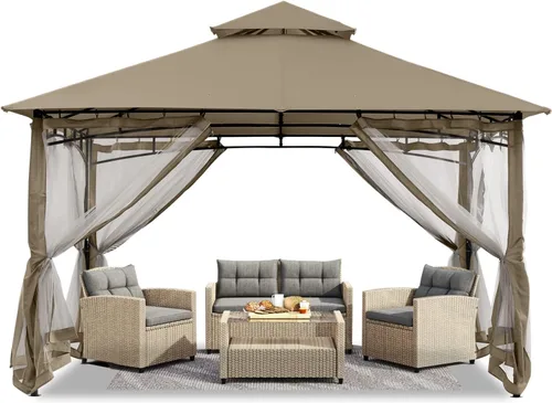ABCCANOPY Gazebos para patios 10x10 - Gazebo con marco de acero para exteriores con mosquitera para césped, patio trasero, jardín y terraza (Khaki)