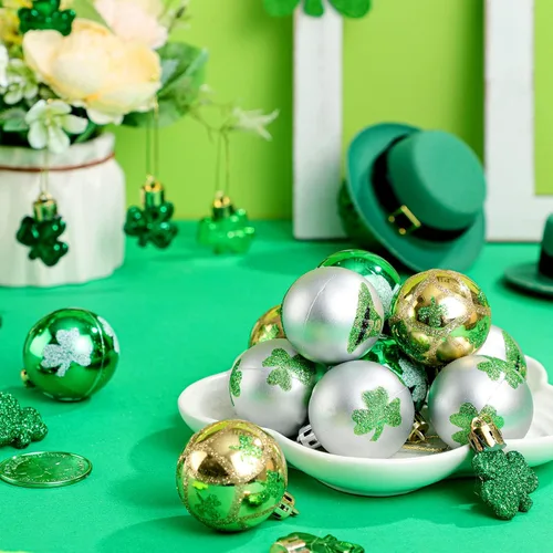 Miniatura 3 de Teling 36 piezas de decoración del día de San Patricio adorno colgante para árbol trébol bola colgante bola de plástico verde adorno trébol sombrero