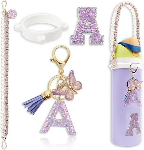 Miniatura 19 de Letter Handle Strap Accessories with Cute Initial Charm Compatible with Owala Water Bottle 24oz 32oz 40oz Owala Kids Púrpura