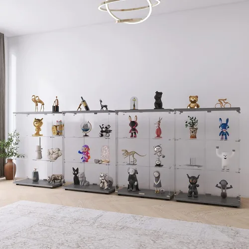 Miniatura 5 de Vitrina de cristal con 3 estantes con 2 puertas, vitrina de cristal transparente para sala de estar, dormitorio, 49.49 x 31.77 x 14.37 pulgadas