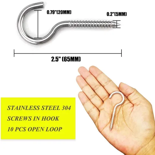 Miniatura 2 de Ganchos de tornillo de acero inoxidable, tornillos de gancho de ojo M5 de 2.5 pulgadas, ganchos de ojo de metal resistente para techo al aire libre
