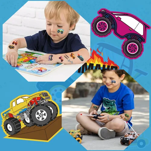 Miniatura 4 de 150 tatuajes temporales precortados de Monster Truck Race Car para niños Recuerdos de fiesta de cumpleaños temáticos súper lindos, suministros