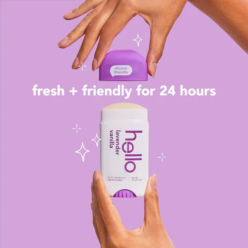 Miniatura 6 de hello Desodorante de lavanda y vainilla sin aluminio para mujeres y hombres con manteca de karité, frescura de 24 horas, desodorante sin bicarbonato